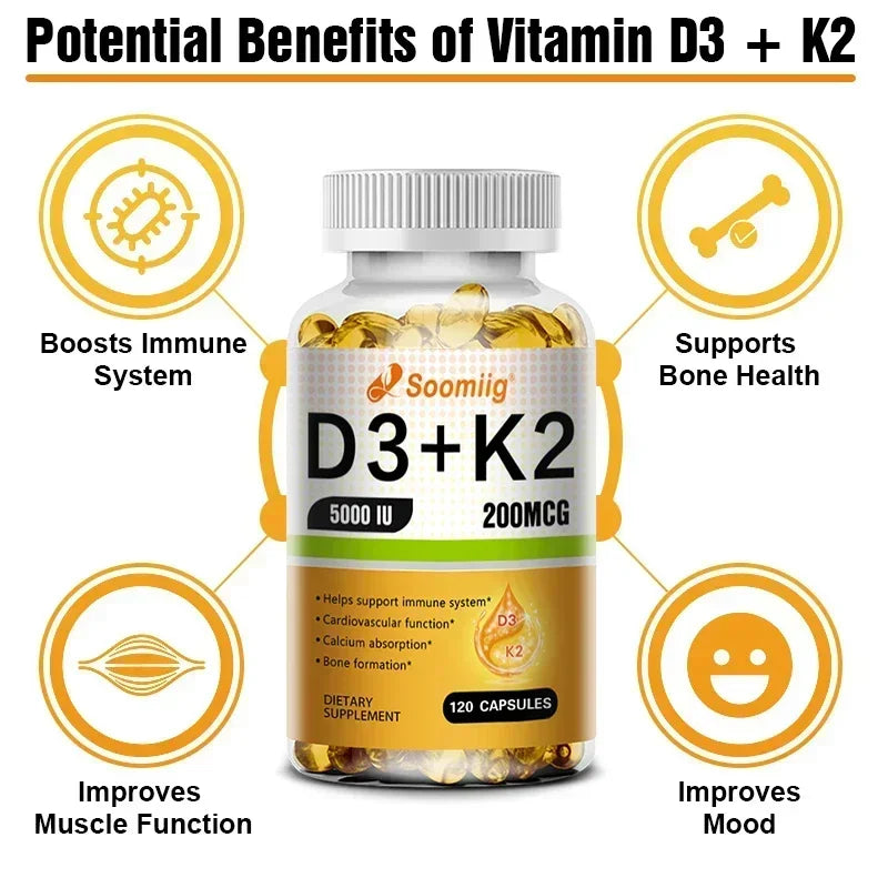 Vitamine D3 5000 UI K2 MK7 Gélules Soutien Immunitaire Osseux