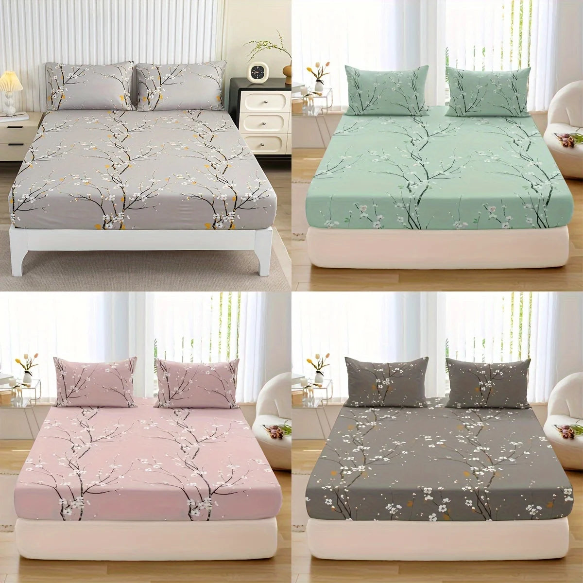 Ensemble 3 Pièces Housse de Lit et Taies d'Oreiller en Polyester
