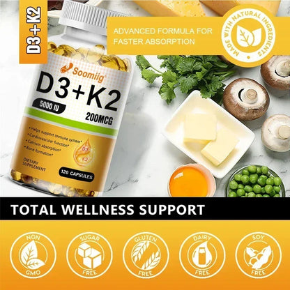 Vitamine D3 5000 UI K2 MK7 Gélules Soutien Immunitaire Osseux
