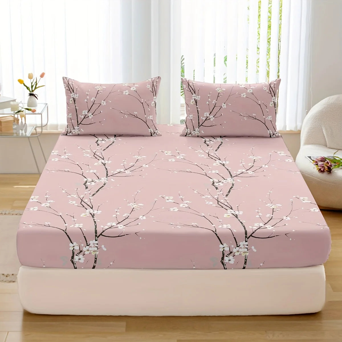 Ensemble 3 Pièces Housse de Lit et Taies d'Oreiller en Polyester