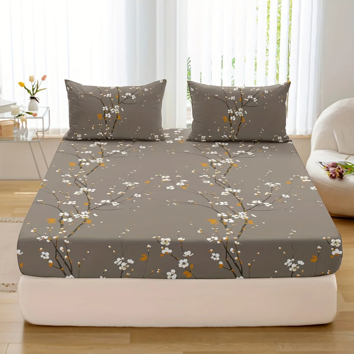 Ensemble 3 Pièces Housse de Lit et Taies d'Oreiller en Polyester