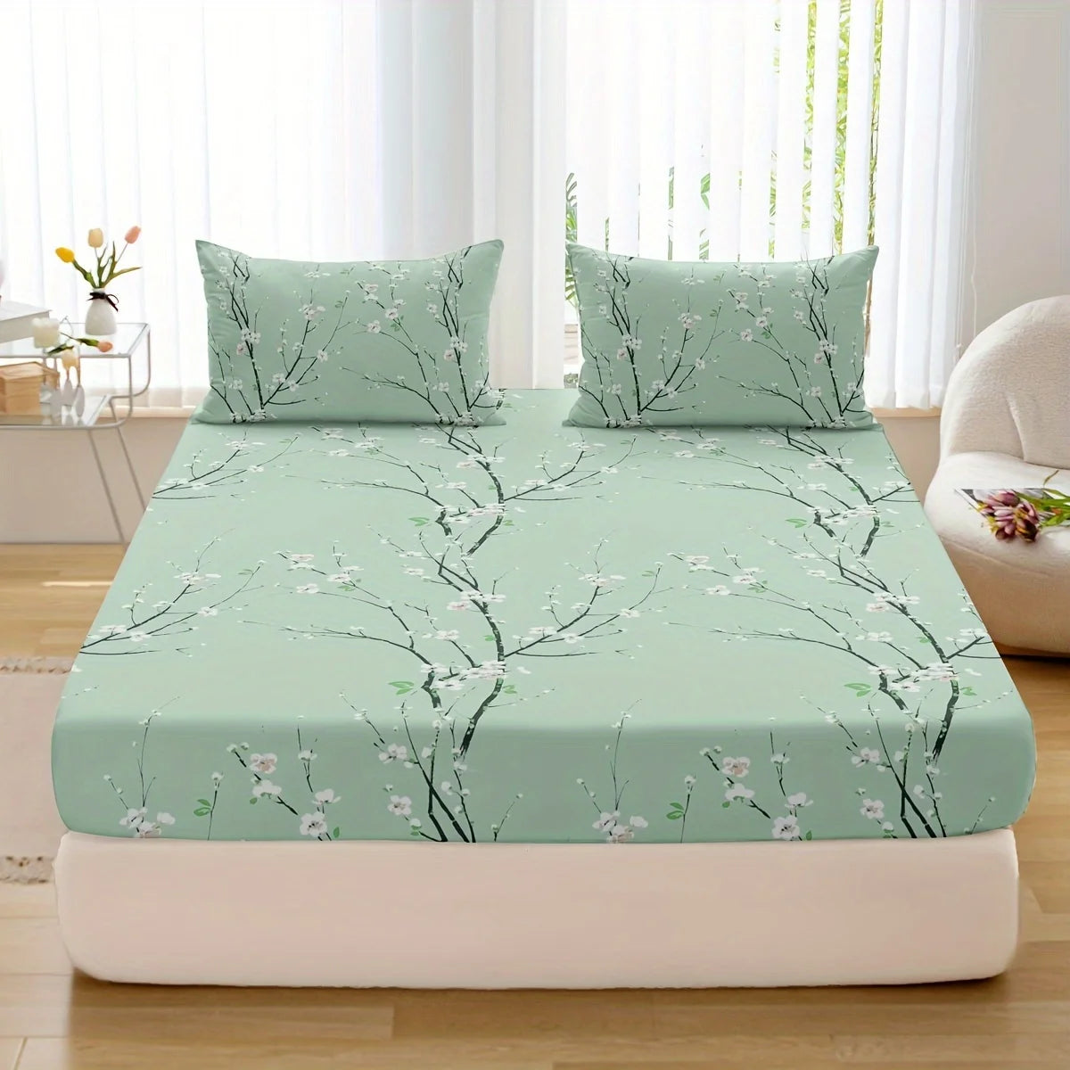Ensemble 3 Pièces Housse de Lit et Taies d'Oreiller en Polyester