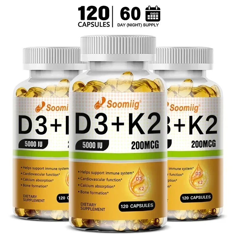 Vitamine D3 5000 UI K2 MK7 Gélules Soutien Immunitaire Osseux